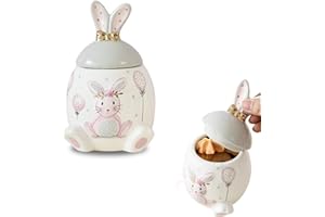 Ceramic Bunny Cookie Jar Decorative Easter Rabbit Storage Container with Gold Bow & Floral Crown, Pink and White Easter Kitch