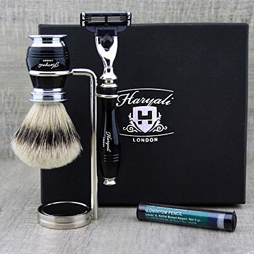 Sliver Tip Badger Hair Brush, Triple Edge Razor & Steel Stand for Both Razor & Brush.Free Alum Stick.