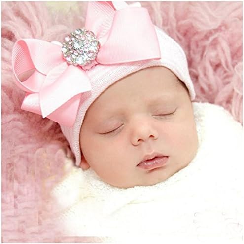 SHELLBOBO 1-5pcs Sparkle Gem Newborn Baby Girl Nursery Beanie Hospital Hat With Bow (1pcs pack)