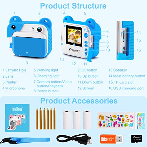 PROGRACE Instant Print Camera for Kids, Kids Instant Camera for Travel Learning Birthday Gift, Portable Digital Creative Print Camera for Boys Zero Ink Kids Camera Toy with Print Paper(Blue)