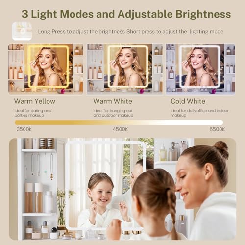 TEENFON Vanity Desk with Large Mirror & Adjustable LED Lights, Makeup Vanity with Power Strip & 5 Jewel Hooks, Dressing Table with 4 Drawers & 6 Open Shelves for Bedroom, White