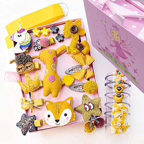 Baby Hair Accessories Gift Set for girls gift box various styles Hair Clips Bows Hairpin Ribbon Elastic Hair Ties Ponytail for Little Girls Baby Toddler Kids, Yellow