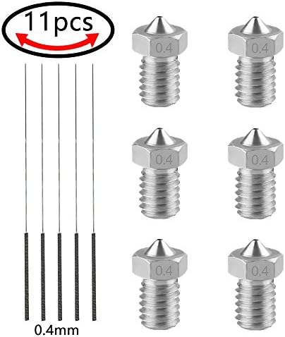 AIKEER 3D Printer Nozzle, 6Pcs M6 0.4MM Stainless Steel Extruder Print Heads for 1.75MM Filament E3D V5-V6 3D Printers (Bonus: 5Pcs Cleaning Drill Bits)