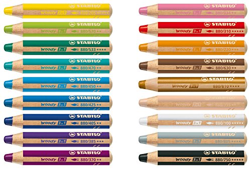 Stabilo Woody 3-in-1 Colored Pencils, 10 mm lead - 18-Color with Sharpener Set