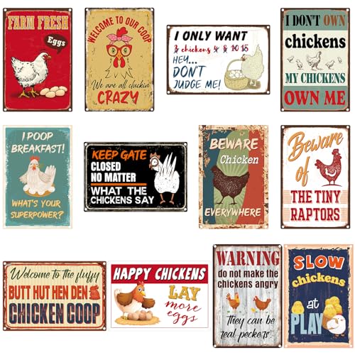 Tandefio 12 Pack Chicken Coop Signs, Funny Metal Farm Yard Decor
