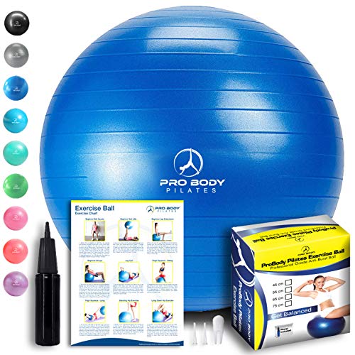 ProBody Pilates Exercise Ball - Professional Grade Anti-Burst Fitness, Balance Ball for Yoga, Birthing, Stability Gym Workout Training and Physical Therapy - Work Out Guide Included (Blue, 85 cm)
