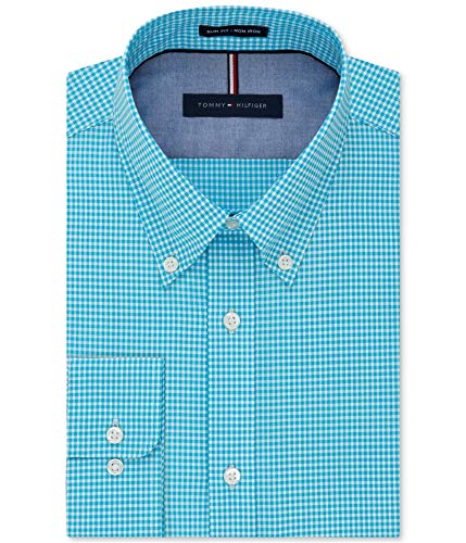 Tommy Hilfiger Men's Dress Shirt Slim Fit Non Iron Gingham, Aqua, 16.5" Neck 36…