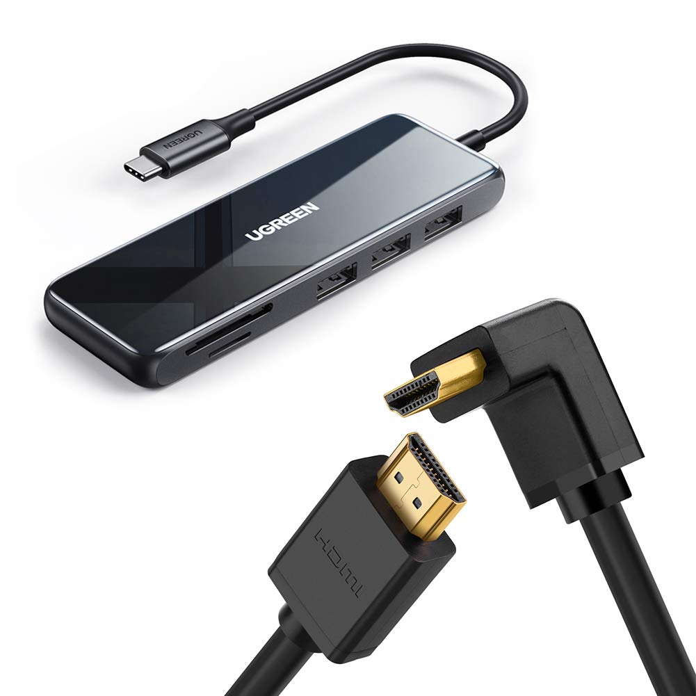Bundle UGREEN USB C Hub, USB C HDMI Adapter 4K 60Hz 6 in 1 Type C Hub with HDMI Cable Right Angle 90
