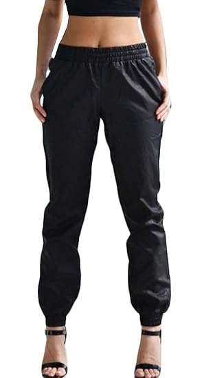 womens black leather joggers