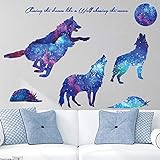 iwallsticker Creative Blue Galaxy Wolf Wall Decals Removable Stickers Living Room Decor Home Art Kids Bedroom Decal Nursery Sticker Boy Rooms Mural Children Gift Sticker Decal