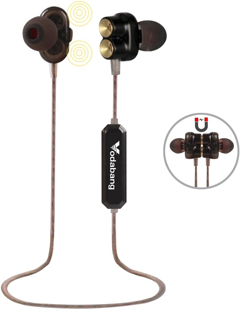 Bluetooth Headphones Vodabang High Definition Dual Dynamic Driver Magnetic Heavy Bass Wireless Earbuds Sport In-Ear Sweatproof Earphones with Mic Black