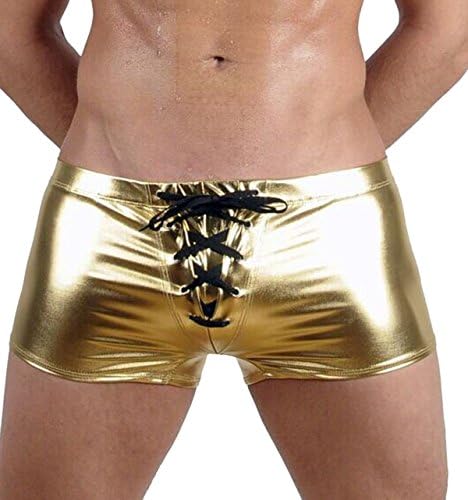 Fangran Men's Sexy Patent Leather Underwear Trunks Boxer Briefs Swimwear Underpants L - Gold