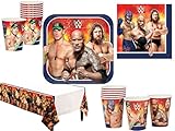 WWE Deluxe Party Supply Pack for 16 Guests featuring The Rock, John Cena, Rey Mysterio, and Daniel Bryan.