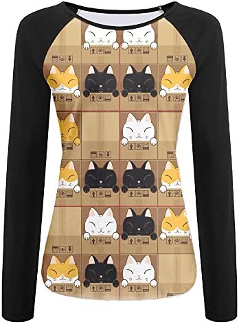 Women's Funny Cat Box Pattern Graphic Cotton Long Sleeve Raglan T-Shirts