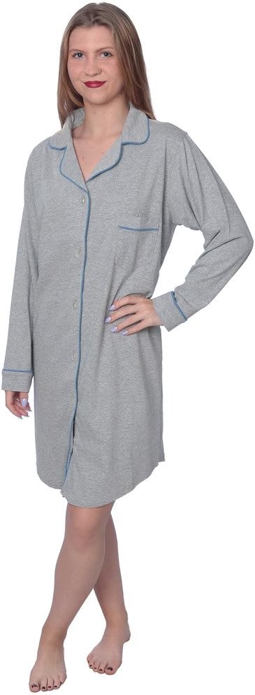 Beverly Rock Women's Soft Jersey Knit Cotton Blend Button Down Sleepshirt Pajama Top with Piping Finish