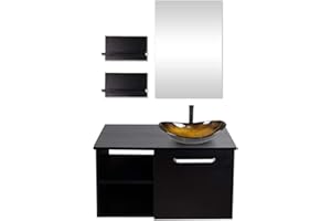 Puluomis 28-Inch Bathroom Vanity, Modern Lavatory Wall Mounted Wood Cabinet, with Mirror, Wood Black Fixture, Oval Tempered Glass Sink Top with Single Faucet Hole