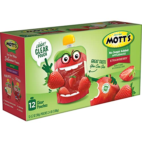 MOTT’S NO SUGAR ADDED STRAWBERRY APPLESAUCE, 3.2 OZ CLEAR POUCHES, 12 COUNT