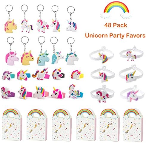 Debolic Party Bag Fillers for Kids,48 Pcs Unicorn Gifts for Girls, Rainbow Unicorn Bracelets, Rings, Key chains and Unicorn Party Favor bags for Kids Teens Best Themed Pack Novelty Gift