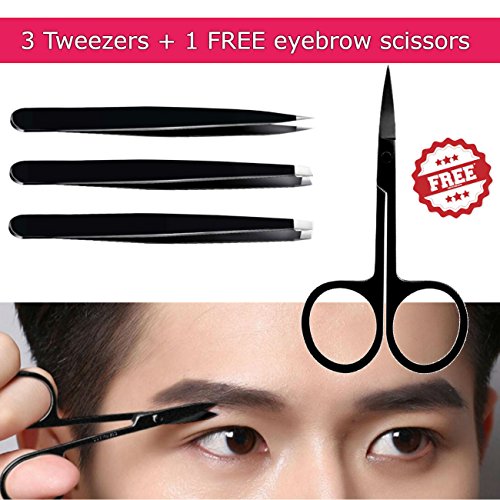 Tweezers, Best Tweezers for eyebrow, Slant Tweezers, Flat Tweezers, Pointed Tweezers, with free Precision Eyebrow Scissors for Eyebrows Ingrown Hair, Shaping,Splinters,First Aid,Facial Nose Hair
