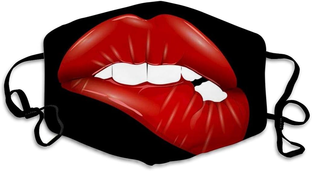 CGFJEIN Red Lip Biting on The Black Face Mask for Mouth Mask Anti-Dust On White Background Display Sun-Proof Fashion Bandana Headwear