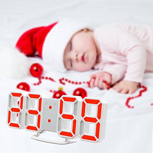LED Digital Alarm Clock For Desk / Shelf / Tabletop, Modern Home Decoration 3D Wall Clock, Easy To Read at Night, Loud Alarm and Snooze, Big Digit Display (White Frame, Red Light) - Thumbnail 5