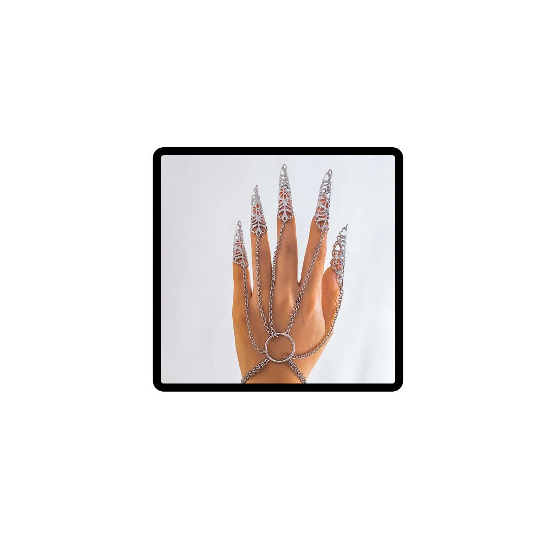 Danshinbow Gothic Vintage Witch Finger Nails Tip Claw Bracelet Hollow Bracelet Claw Chain Ring with Finger Nails for Costume Ball Cosplay (Silver)