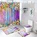 Krelymics 4 Piece Colorful Flower Shower Curtain Set with Non-Slip Rug, Toilet Lid Cover, Bath Mat and 12 Hooks, Floral Lotus Waterproof Shower Curtain Set for Bathroom
