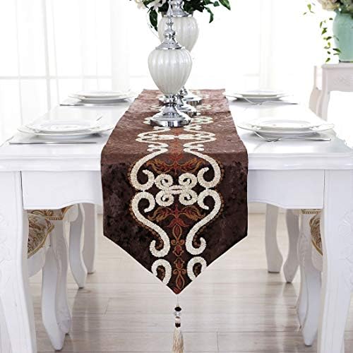 Luxury Jacquard Table Runners, Classic Embroidery Table Runner with Tassels For Dining Table Decoration Home Dining, 12 x 83 Inch (Coffee)