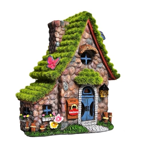 ASAWASA Beflockte Doppelhaus-Solar-Gartenstatuen und Skulpturen, Outdoor-Dekoration, Gartenfiguren mit solarbetriebenen Lichtern für Terrasse, Rasen,