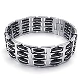 KONOV Wide Mens Bangle Bracelet, Stainless Steel Rubber, Black Silver