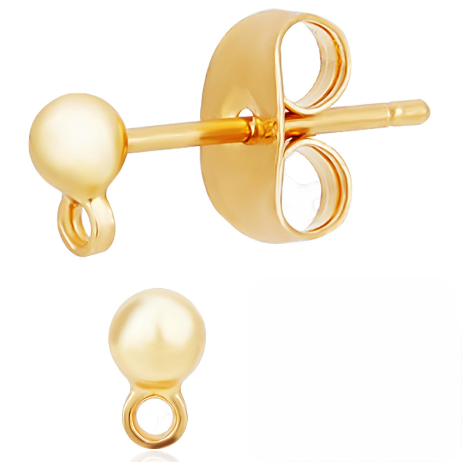 Beebeecraft 1 Box 30Pcs 18K Gold Plated Ball Stud Earrings Findings with Loop and 30Pcs Butterfly Ear Back for Jewellery Making DIY Crafts (Ball: 3mm)
