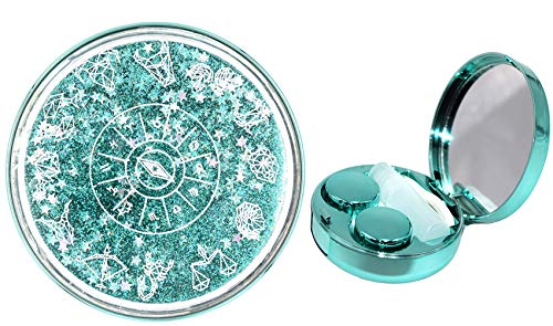Cute Fashion Contact Lens Case,Portable Travel Glitter Luxury Bling Stars Liquid Quicksand Contact Lens Cases Eye Care Set(Green-1)