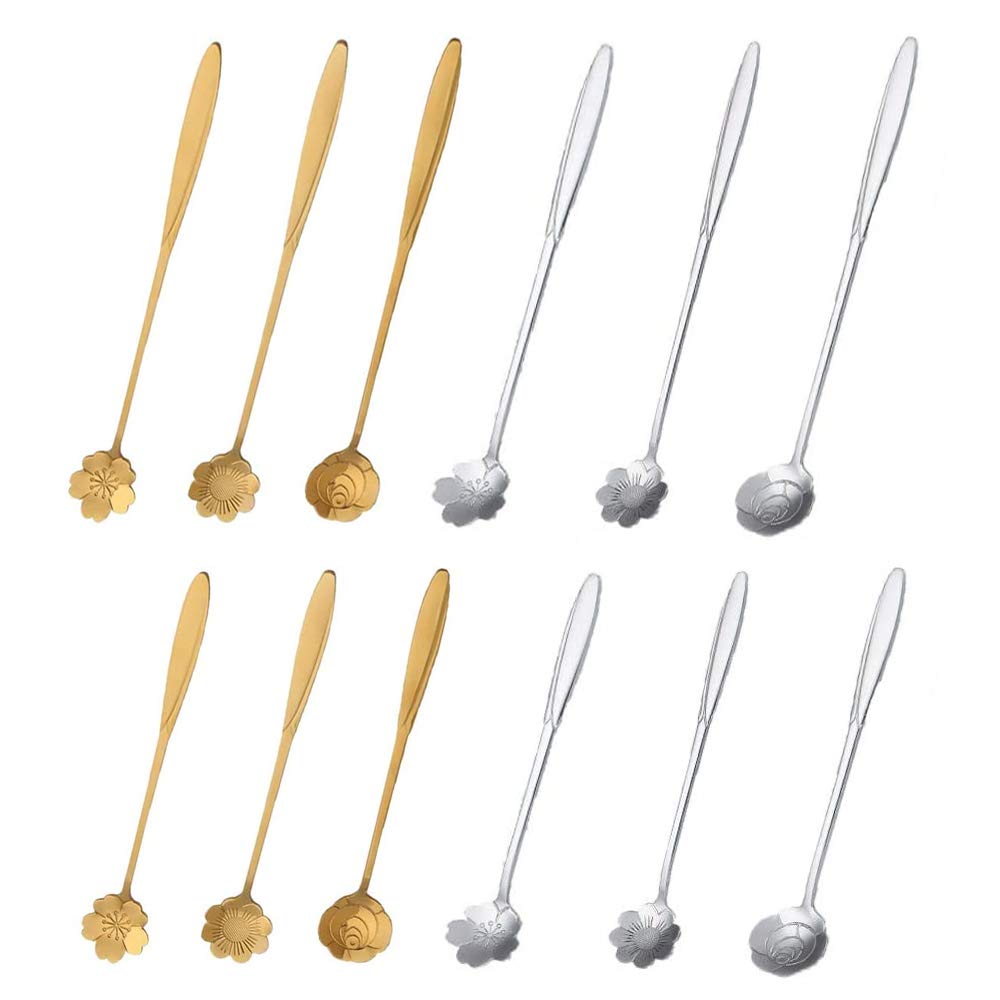 YKKJ Set of 12 Long Handled Coffee Spoons, Dessert Spoons, Stirring Spoons Set, Three Sizes Stainless Steel Spoons for Coffee, Sugar, Dessert, Ice, Soup, Mocha Spoons (Golden & Silver)