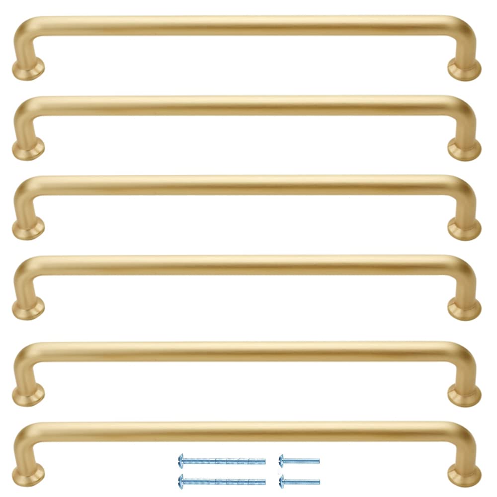 French Furniture Fittings Cupboard Handles, Set of 6 Door Pulls, Matt Brushed Brass Cabinet Handles for Kitchen Cupboards, Contemporary Curved Pulls, Durable, Stylish, Easy to Install 128mm