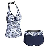 Women's Halter Tie Tankini Top Boy Short Bottom Printed Two Piece Swimsuit Set
