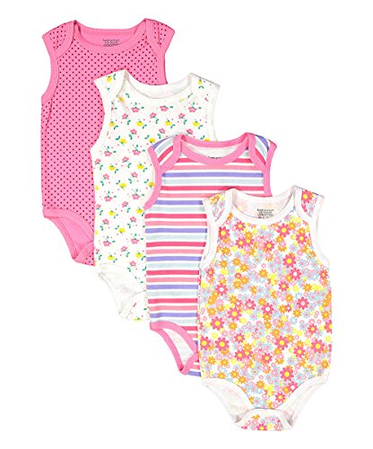 Sweet & Soft Baby Girls 4-Pack Bodysuits Printed 100% Combed Cotton (9/12 Months)