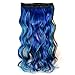 Stepupgirl Hair Extension 23 Inch Dark Brown Sky Blue and Sapphire 3 Mixed Color Curly Full Head Synthetic Clip on Wig Hairpiece