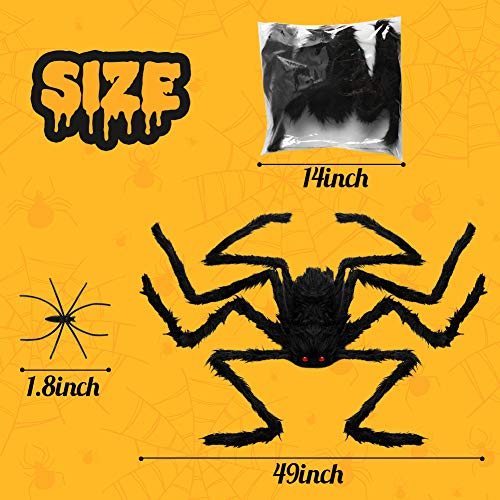 3 otters Halloween Hairy Spiders Set, 49inch Halloween Spider for Halloween Outside Decorations, with 50PCS Little Spiders