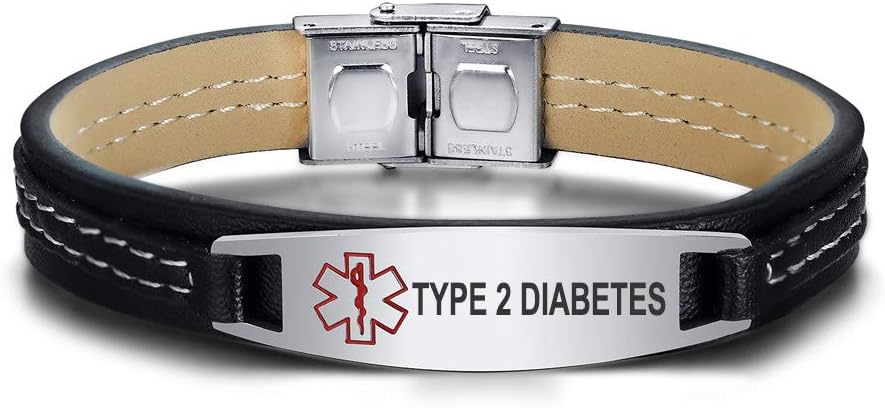 Customized Personalised Medic Information Stainless Steel Leather Medical Alert ID Bracelets for Men, 8.2"