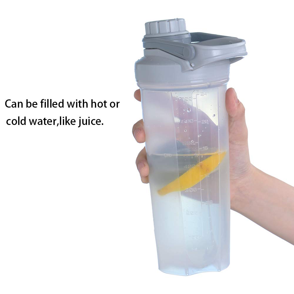 Inshere Protein Shake Sport Water Bottle with Mixer Ball Measurement Leakproof for Fitness Gym Men Women 24oz/700ml(Gray)