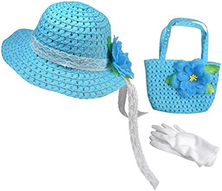 Butterfly Twinkles Girls Tea Party Hat Dress Up Play Set With Sun Hat, Purse, and White Gloves, by Blue With Blue Flower