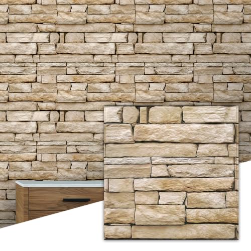 COMSTICKC 3D Stone Adhesive Panels, Brown, 10 Pieces 30 x 30 cm, 3D Brick Wall Stickers, PVC Faux Stone Panel for Decorative Interior Walls Kitchen, Bathroom, Living Room