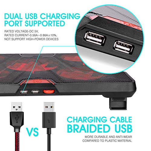 HIRALIY 5 Fans Laptop Cooling Pad 12"-17" Cooler Pad Chill Mat with LED Light Dual USB 2.0 Ports Adjustable Mount Stand (Black+Red) - Thumbnail 4