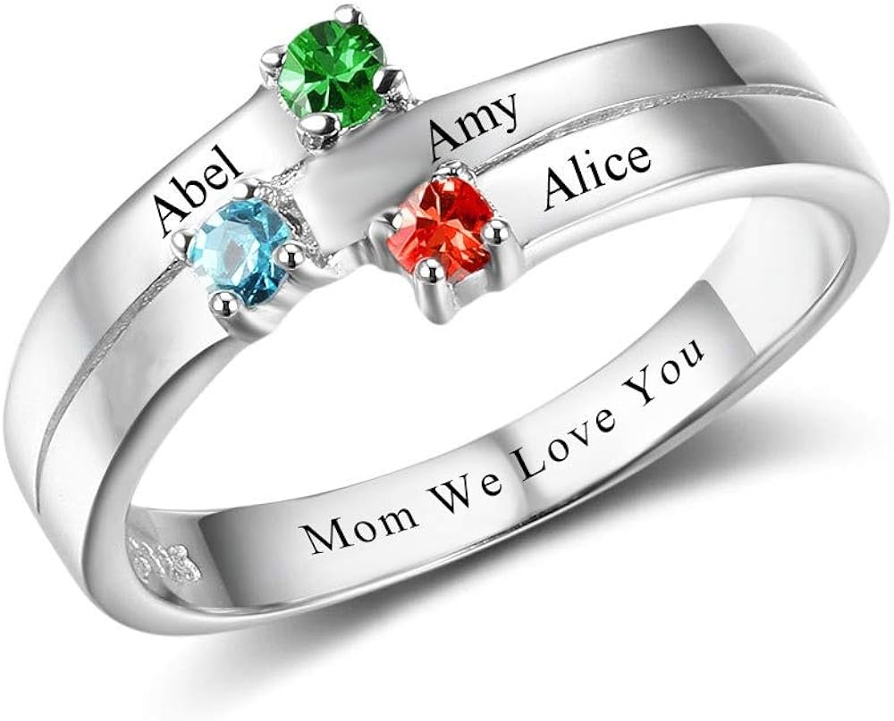 Personalized Mothers Rings with 3 Simulated Birthstones