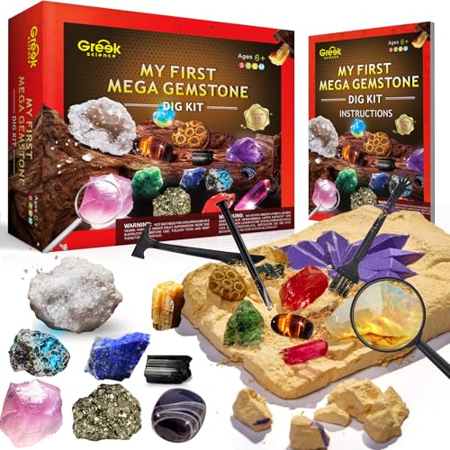 Greek Science My First Mega Excavation Set for Kids, 15 Real Crystals and Gemstones, STEM Science Toy Gift for Boys and Girls