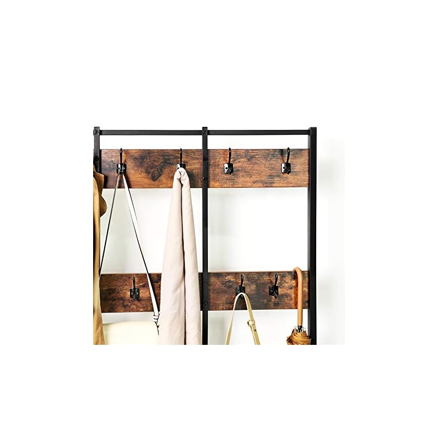 VASAGLE Large Coat Rack Stand, Coat Tree with 12 Hooks and Shoe Bench