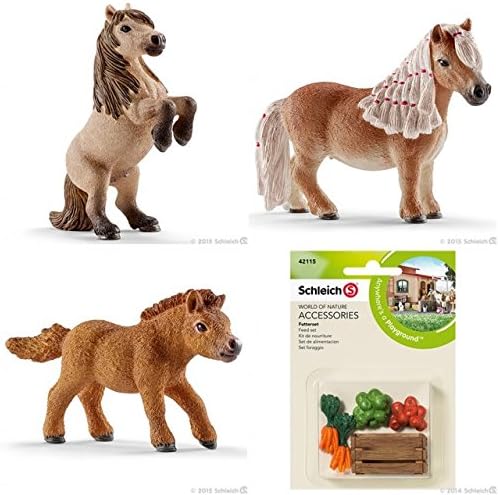 Schleich Mini Shetty Set of 3 Horses and 1 Feed Set 13775, 13776, 13777 Stallion, Mare and Foal with Food in Clear Bag with Shiny Tie Ready to Give Realistic Farm Life