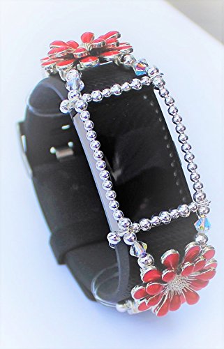Fitbit Charge2 Band Cover~ Red Enameled Flowers ~Silver