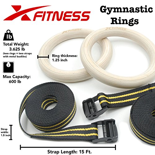 xFitness Wood Gymnastic Rings 9.25” Diameter Ring with Enhanced