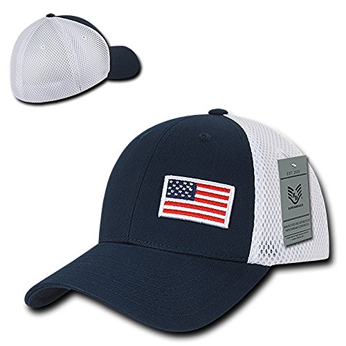 USA Flag Embroidered Aero Foam Mesh Flex Fitting Cap - NAVY
